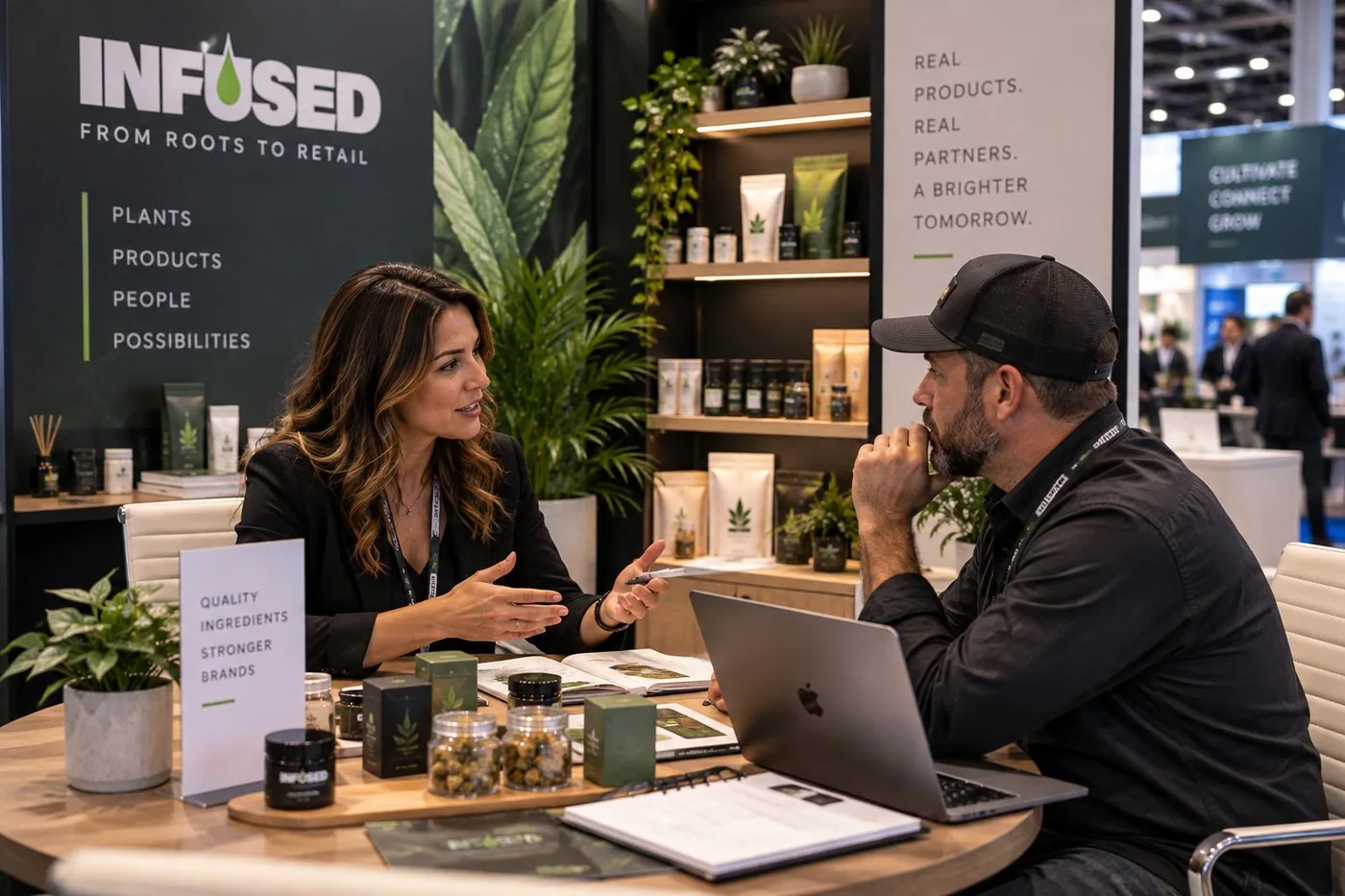 Brand representative in a hosted buyer discussion at a booth