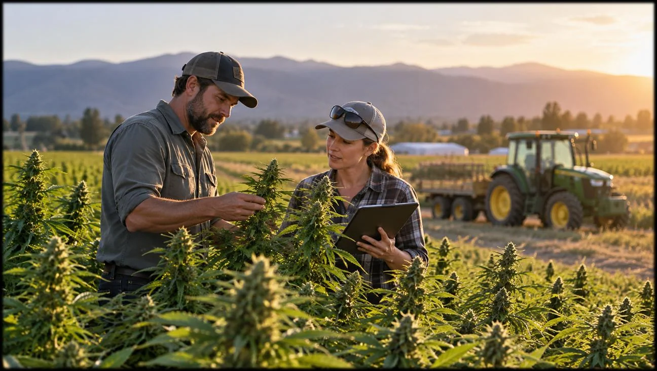 Growers inspecting outdoor hemp cultivation with field equipment
